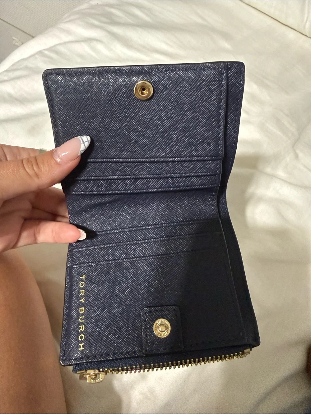 Tory Burch Navy Blue Saffiano Compact Zip Wallet with Gold Logo